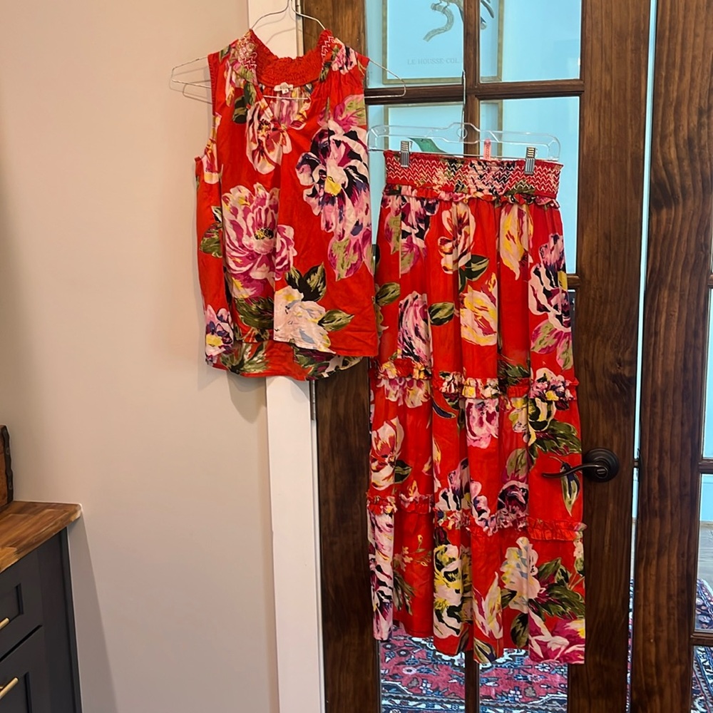 Floral Red Tank Top and Skirt